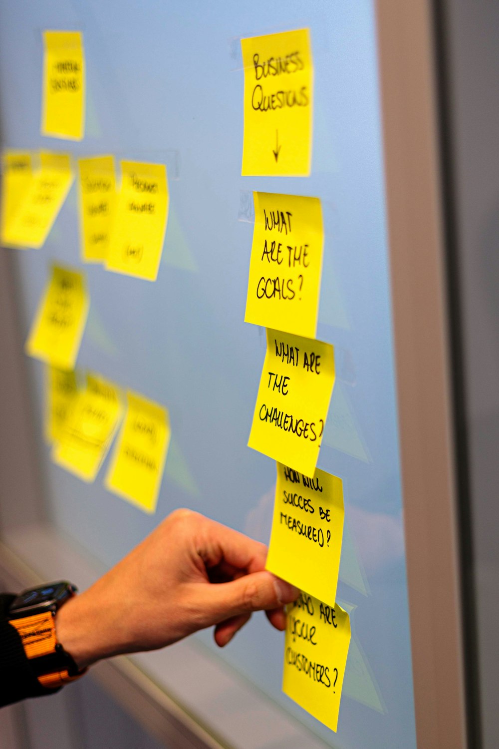 a hand holding a yellow sticky note