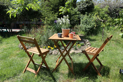 a table and chairs in a yard