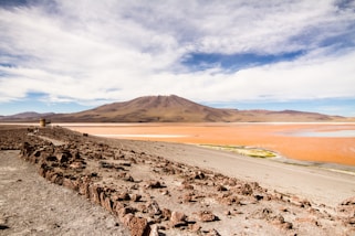 a rocky landscape with a body of water in the distance