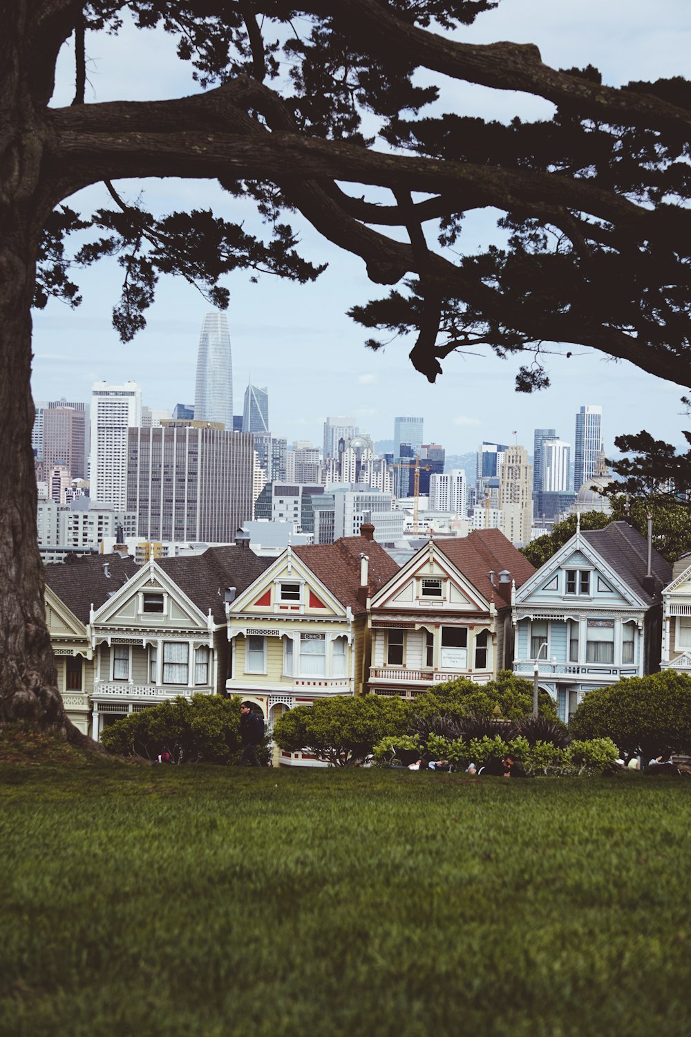 a group of houses with a city in the background