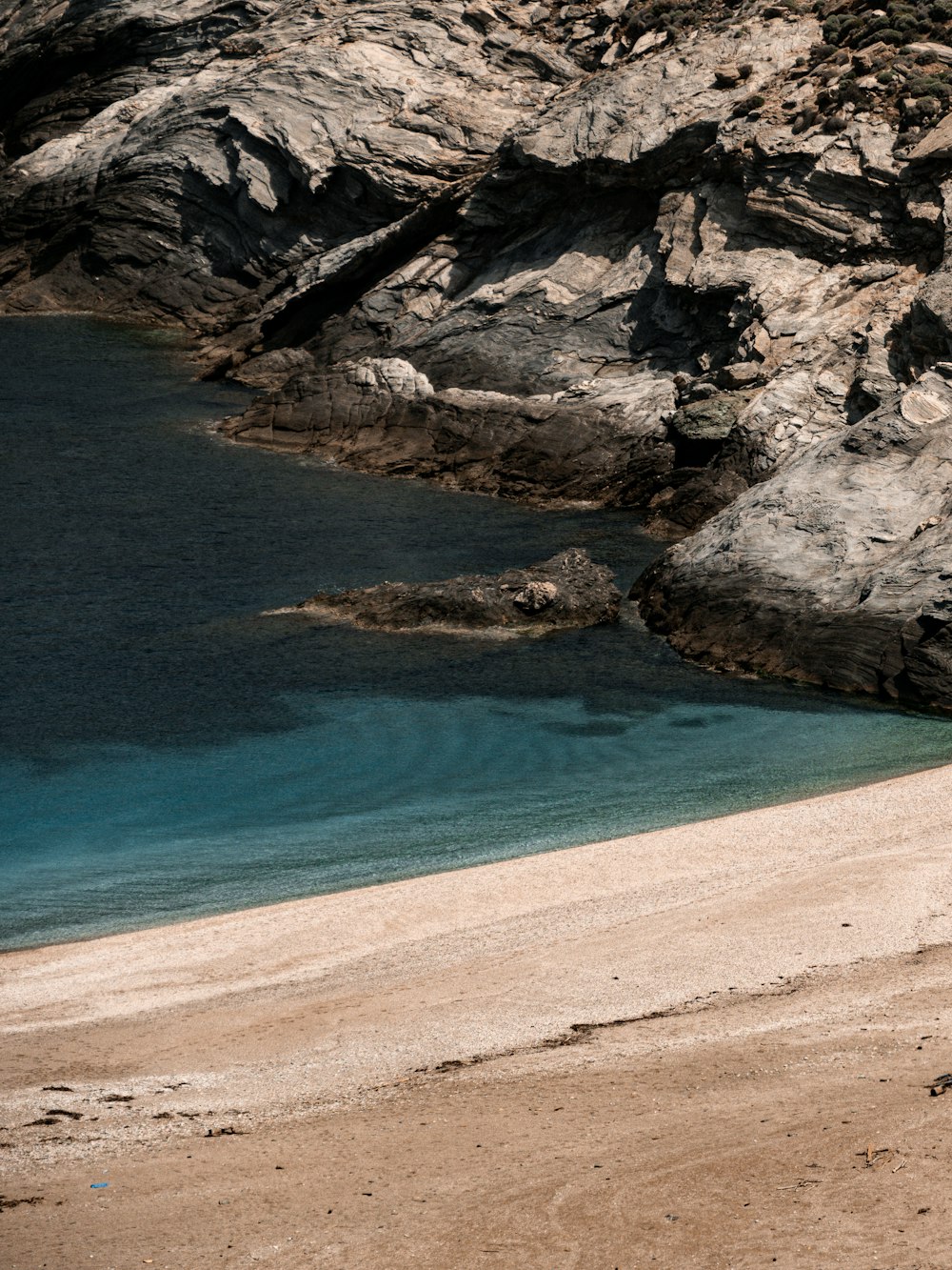 a rocky beach with a body of water