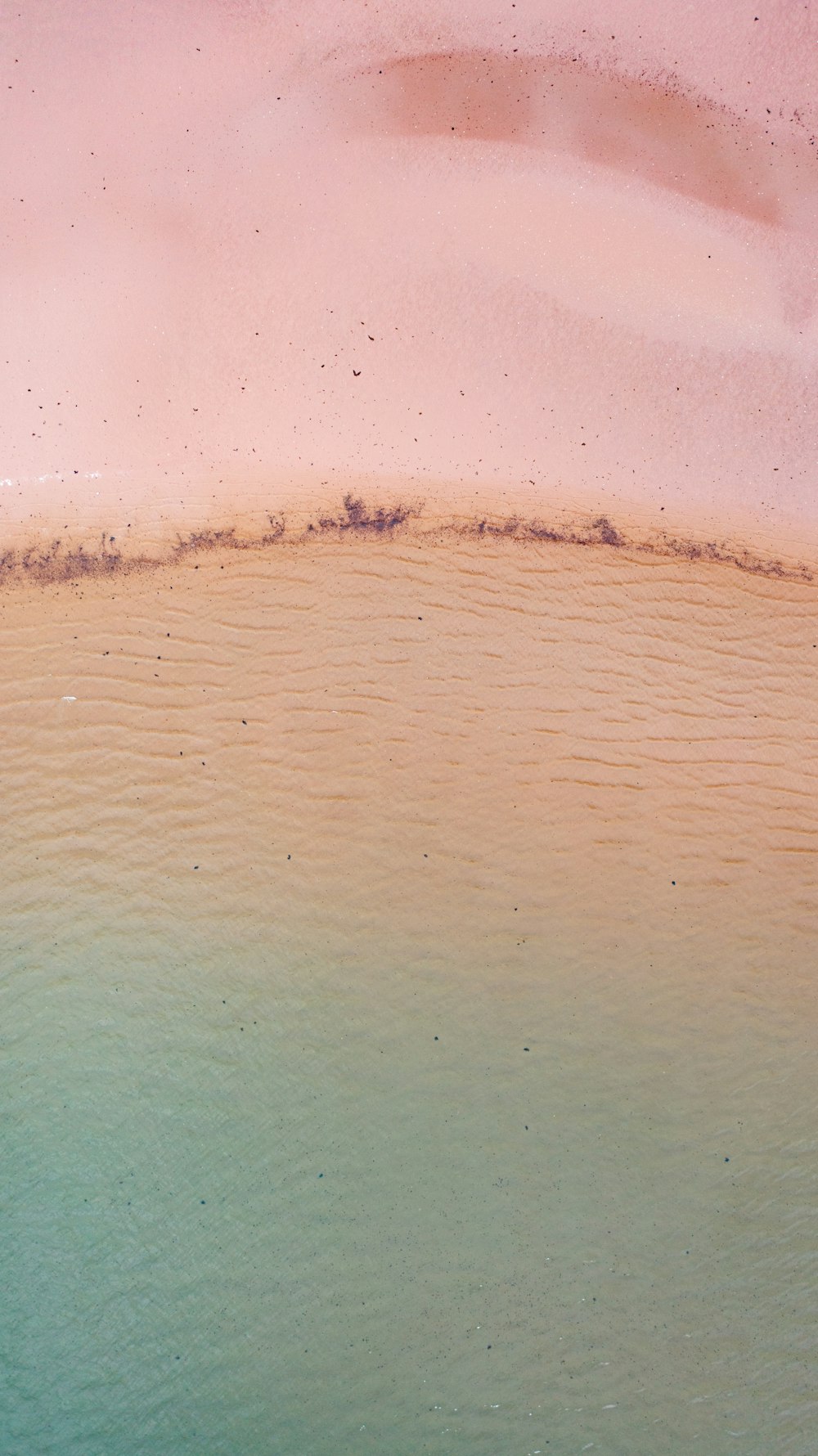 a sandy beach with a pink sky