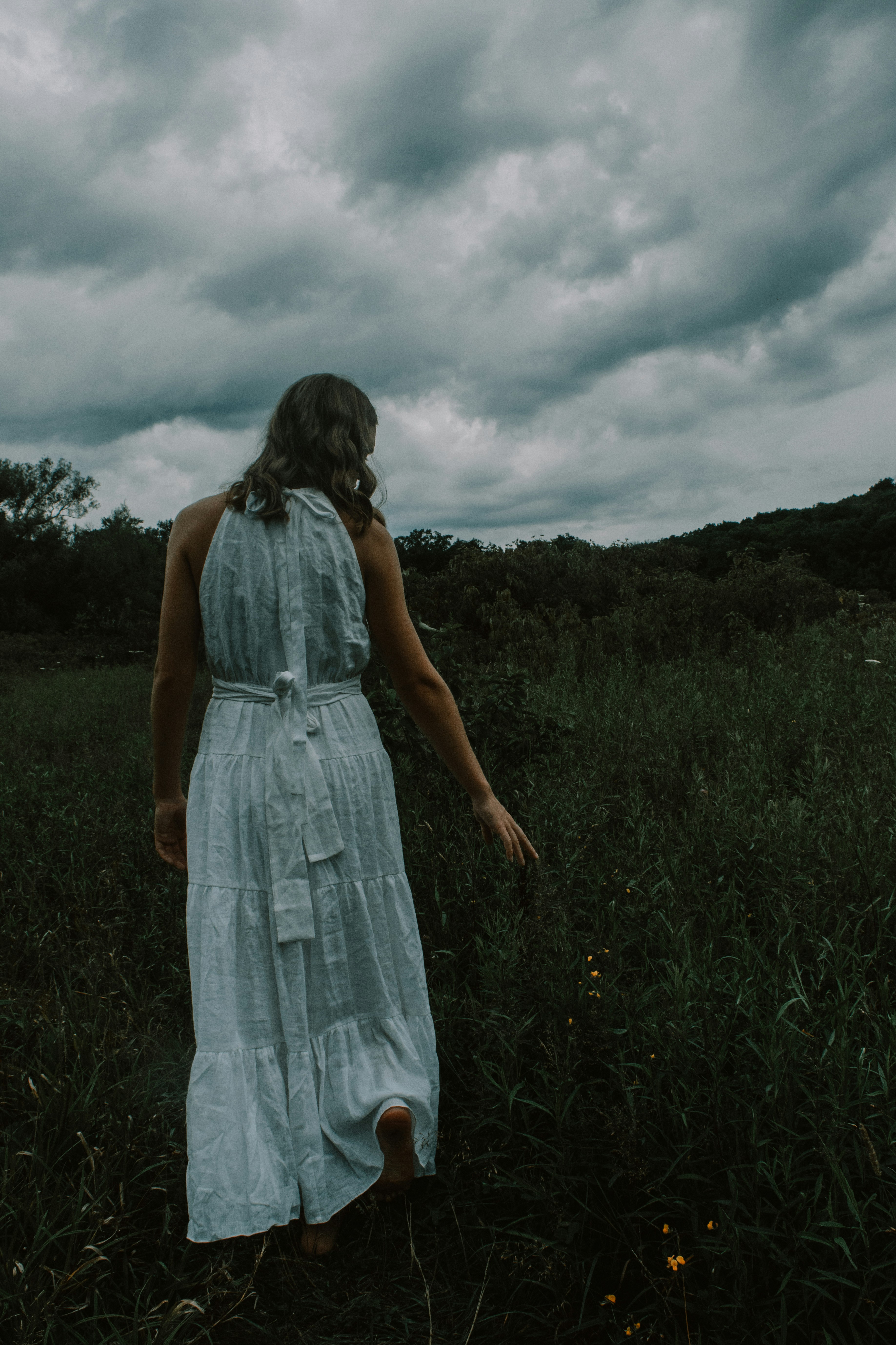 a person in a dress walking through a field