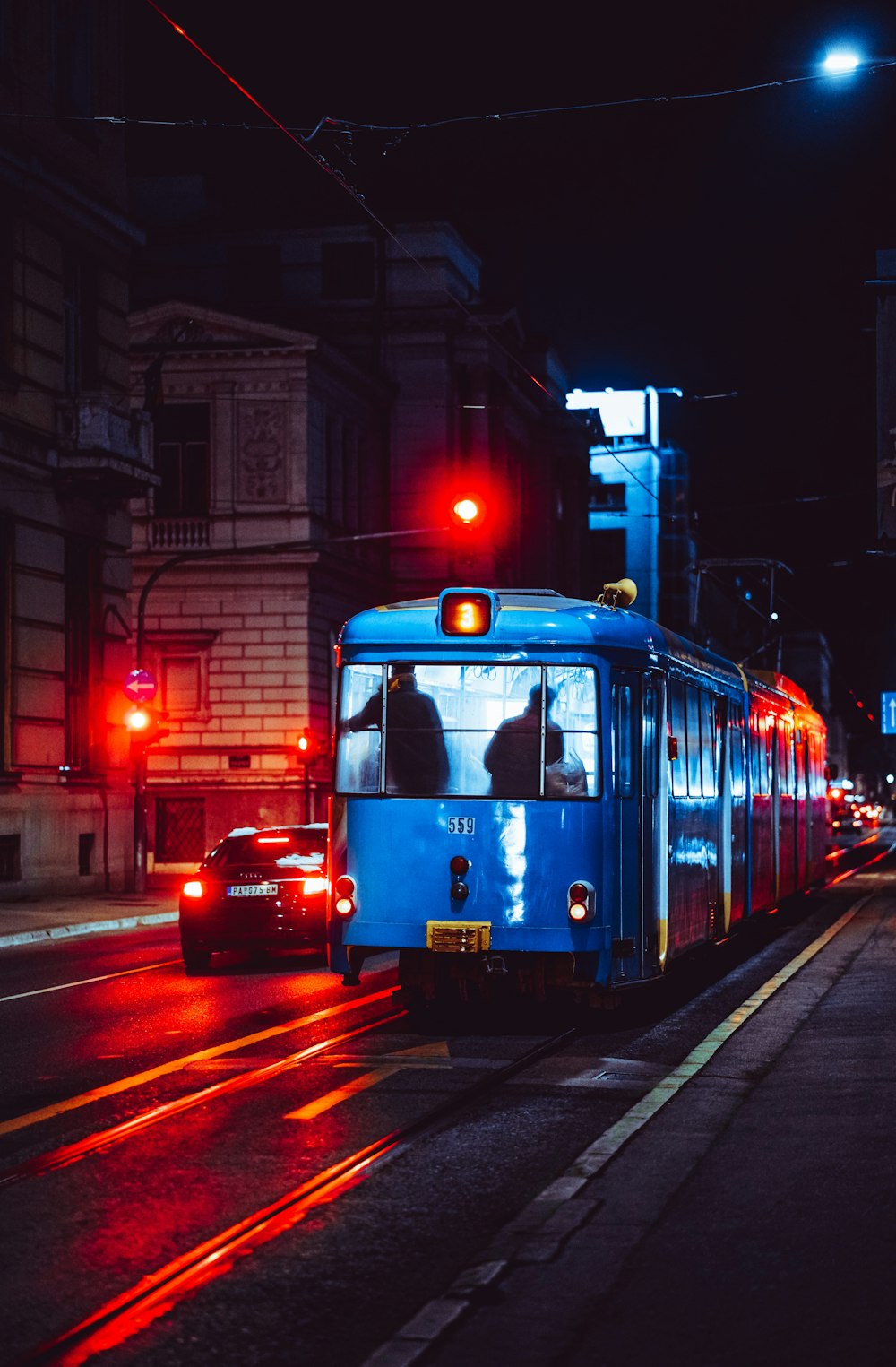 a train travels down the tracks