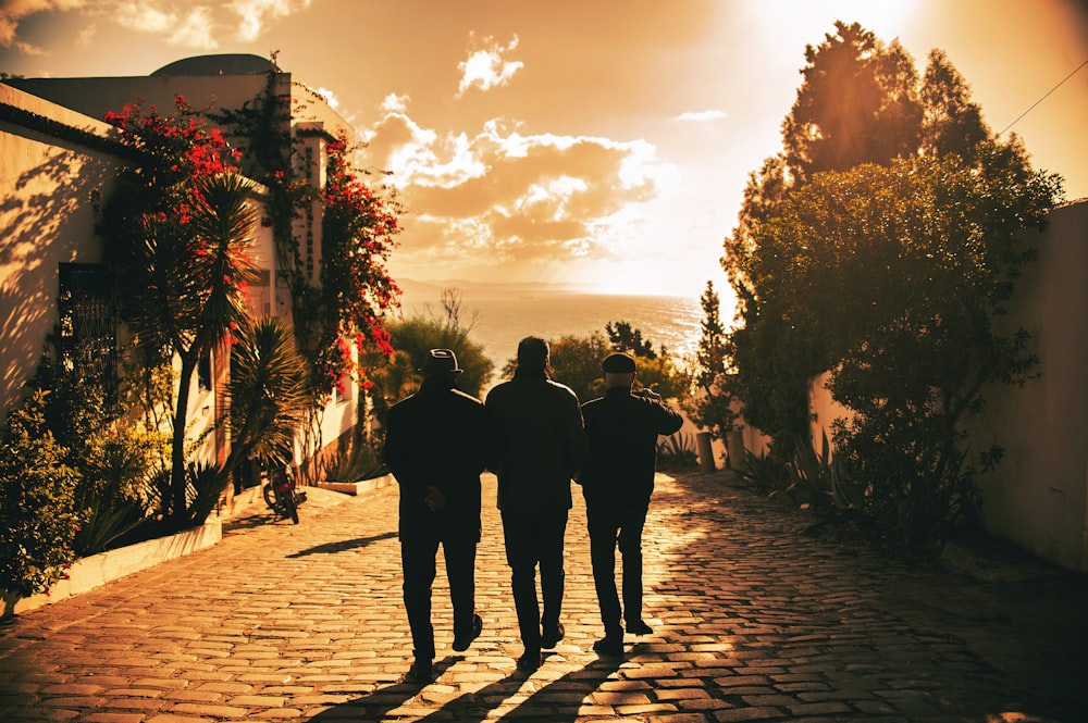 a group of people walking on a brick path with trees and a building in the background