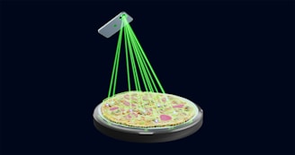 A smartphone hovers above a pizza while emitting green laser beams over its surface, suggesting a scanning process on a dark background.