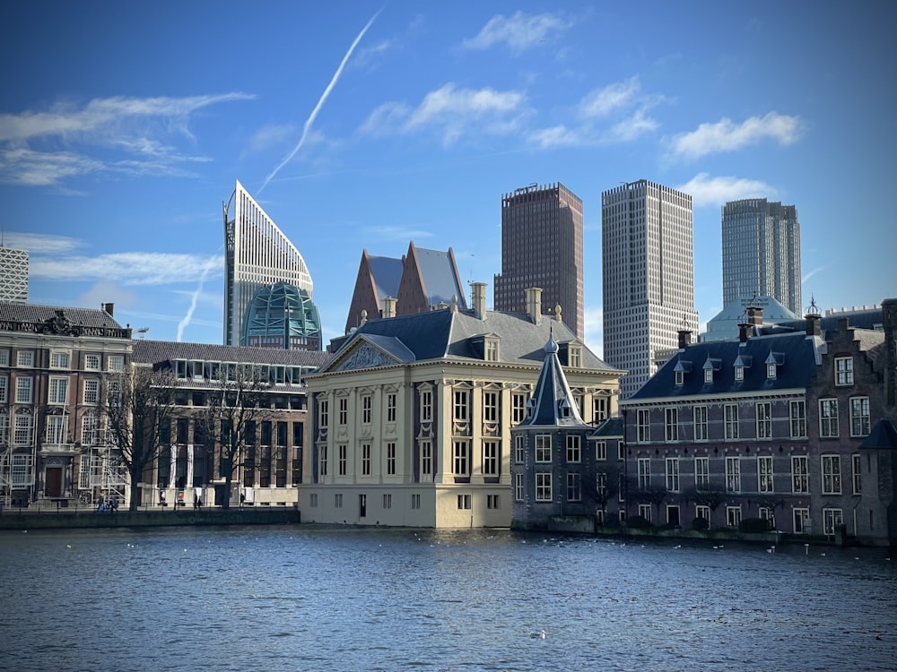 a body of water with buildings along it