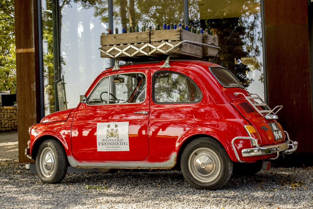 a red car with a wooden roof