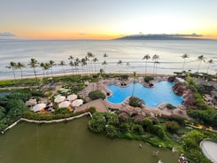 A luxurious beachfront resort featuring a large, elegantly designed outdoor swimming pool surrounded by palm trees and gardens. Lounge chairs with umbrellas are arranged around the pool area. The ocean extends into the horizon with an island visible in the distance under a sunset sky.