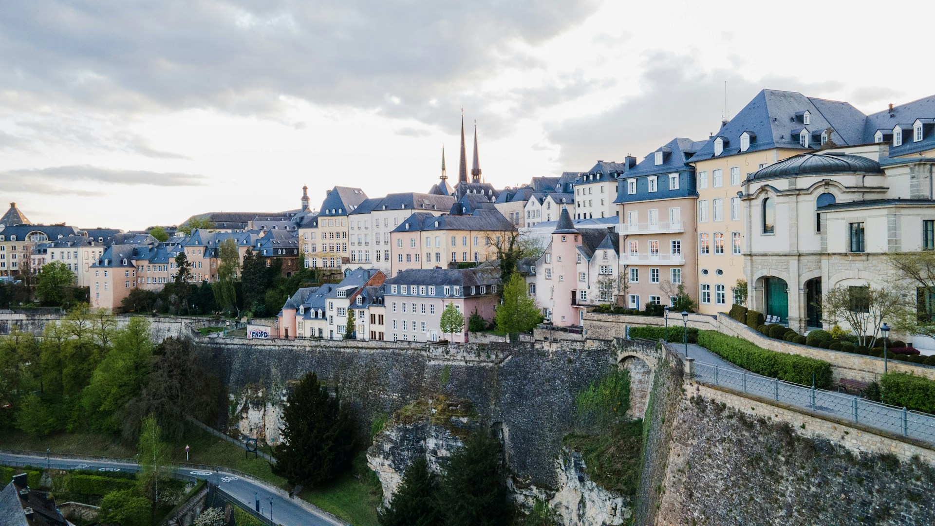 a city with a stone wall