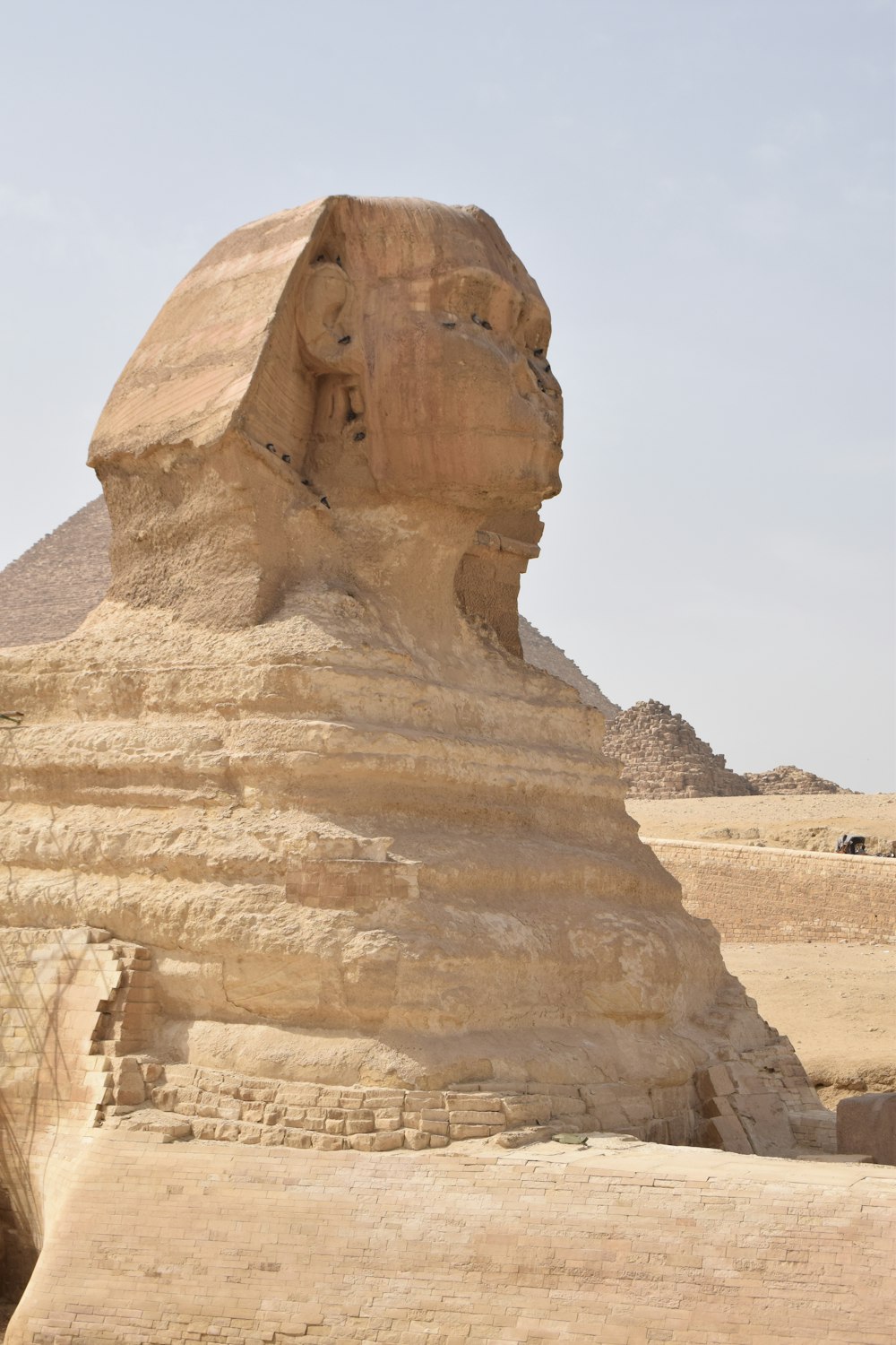 a large rock sculpture with Great Sphinx of Giza in the background