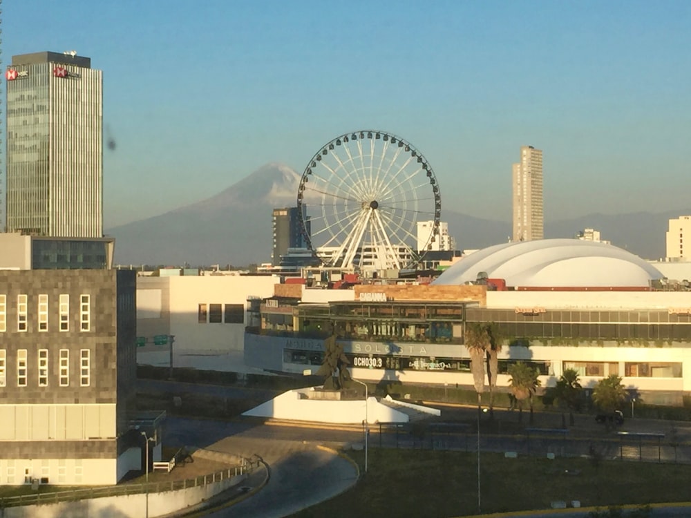 a city with a ferris wheel