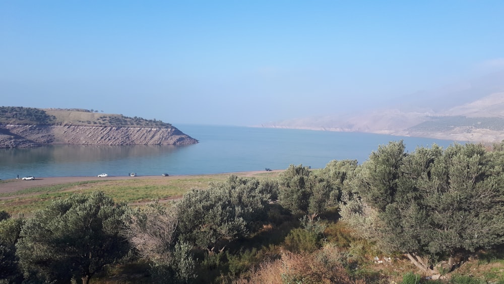 a body of water with trees and hills around it