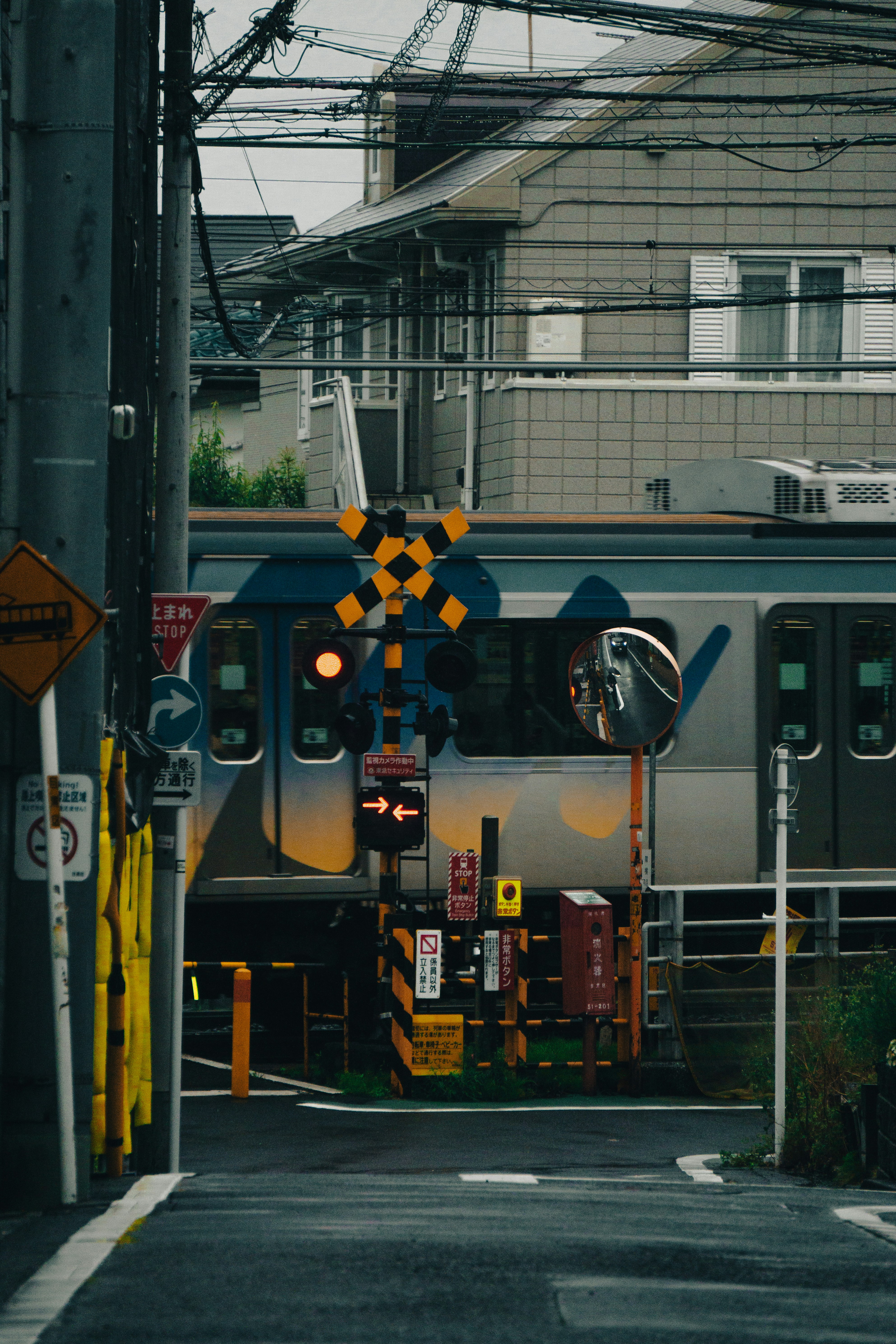 a train going by a building