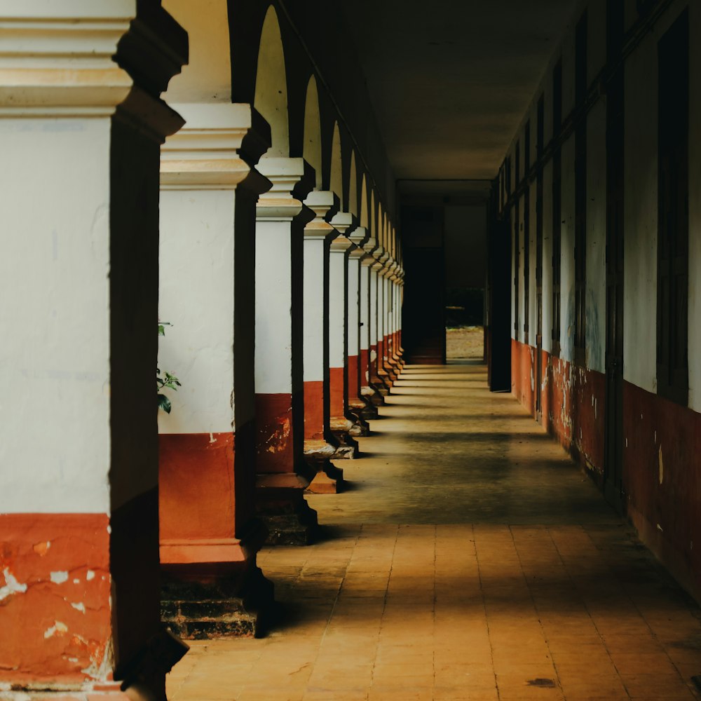 um corredor com pilares brancos
