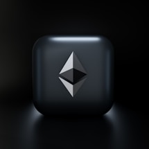 A sleek, modern design featuring a three-dimensional geometric shape resembling the Ethereum logo, centered on a glossy dark gray square with subtle lighting effects. The background fades into a deep black, highlighting the central emblem.