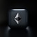 A sleek, modern design featuring a three-dimensional geometric shape resembling the Ethereum logo, centered on a glossy dark gray square with subtle lighting effects. The background fades into a deep black, highlighting the central emblem.