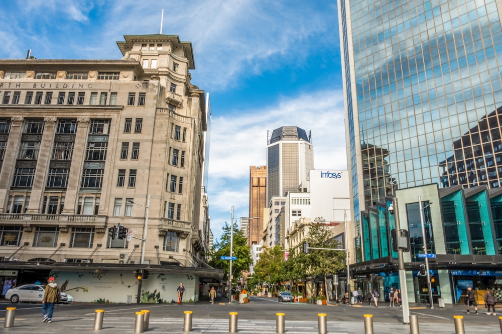 a city street with tall buildings