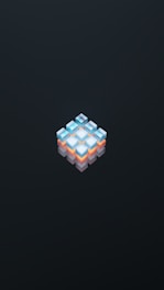 A geometric cube structure composed of smaller cubes in a gradient color palette, featuring shades of blue, orange, and white, set against a dark background. The cubes are arranged in a symmetrical pattern, creating a visually striking and abstract design.
