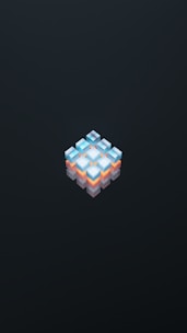 A geometric cube structure composed of smaller cubes in a gradient color palette, featuring shades of blue, orange, and white, set against a dark background. The cubes are arranged in a symmetrical pattern, creating a visually striking and abstract design.