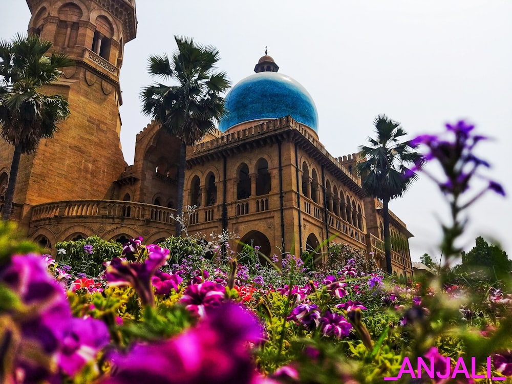 a building with a dome and palm trees in front of it