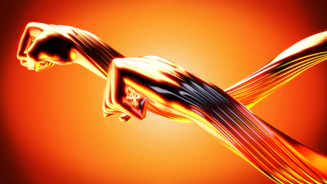 Icon of a muscular arm flexing with energy lines in bright orange