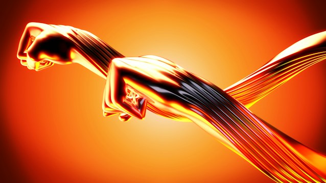 Two stylized metallic fists are intertwined against a vibrant orange background. The fists are highly reflective, showing streaks of light and shadow. They are connected by a series of parallel lines, creating a sense of motion and energy.