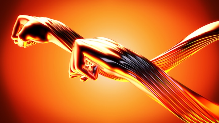 Two stylized metallic fists are intertwined against a vibrant orange background. The fists are highly reflective, showing streaks of light and shadow. They are connected by a series of parallel lines, creating a sense of motion and energy.