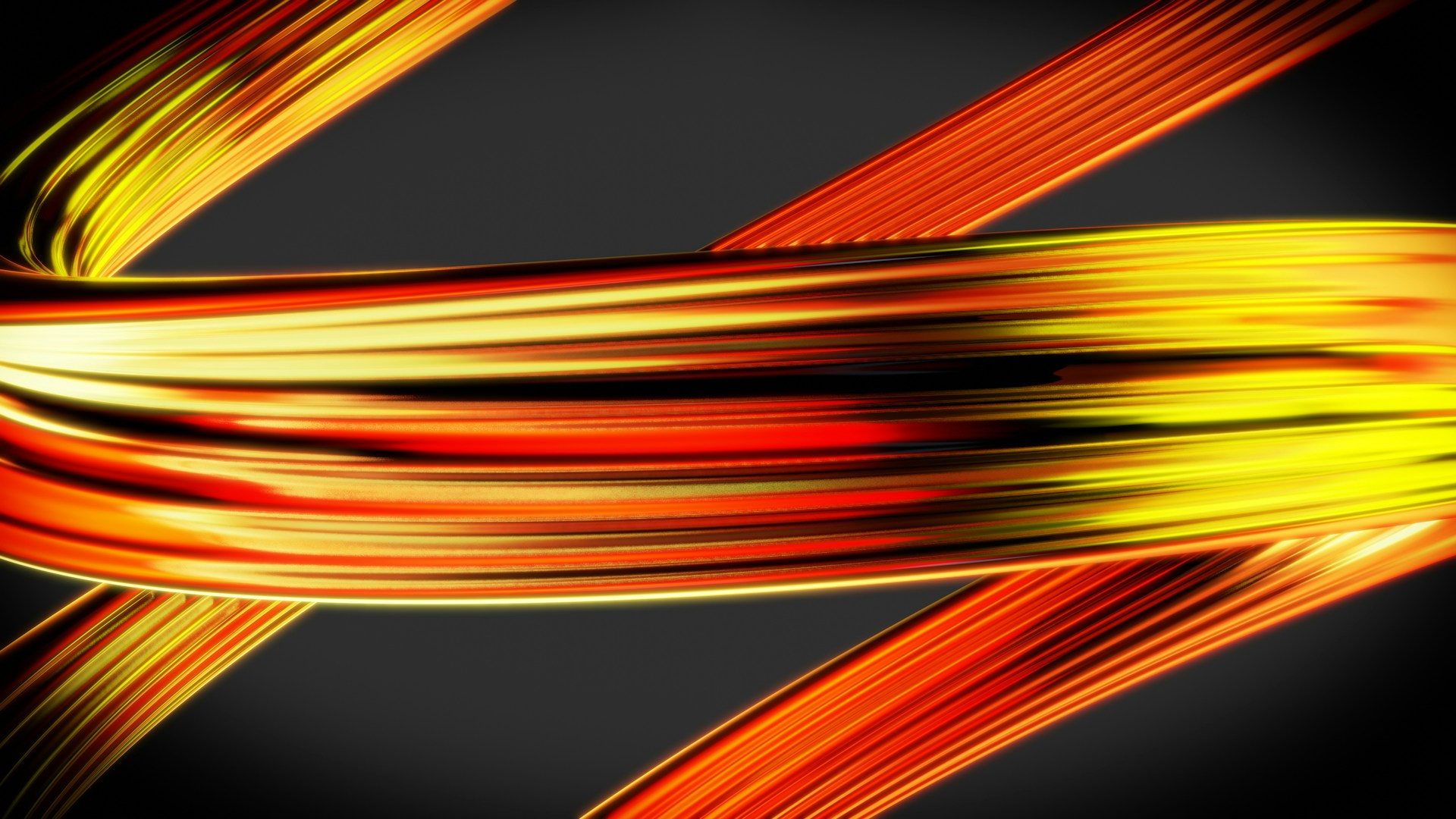 A dynamic abstract design featuring intertwined strands of vibrant colors. The strands exhibit fluid and smooth lines, dominated by bright hues of red and yellow against a dark background.