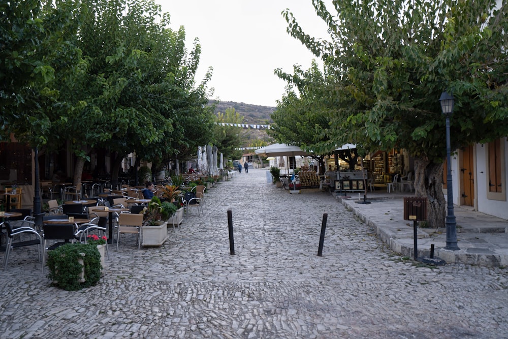 a cobblestone street with tables and chairs and trees
