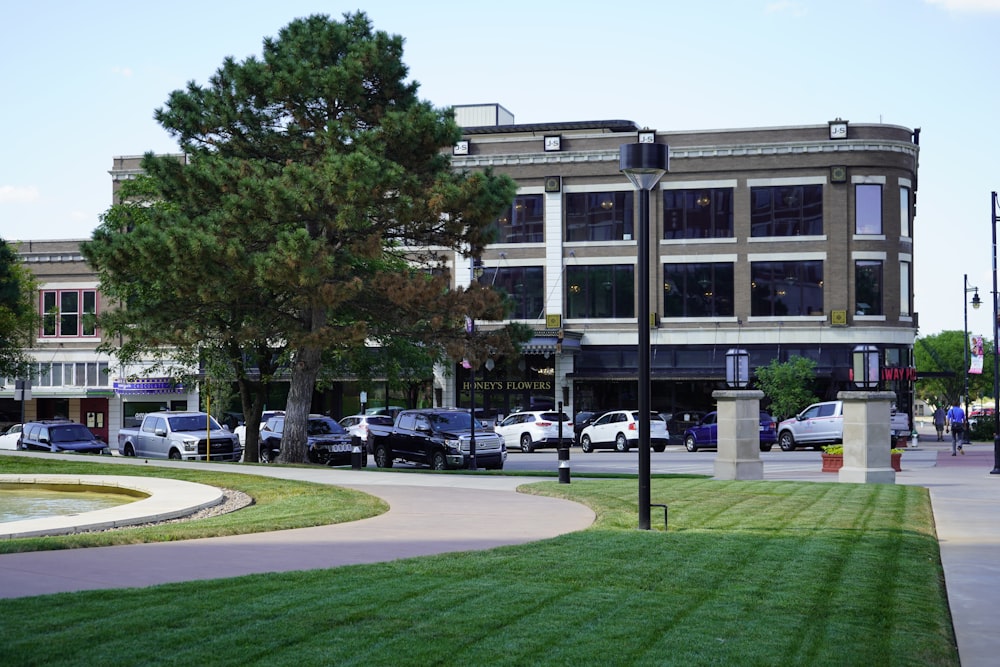 a building with cars parked in front