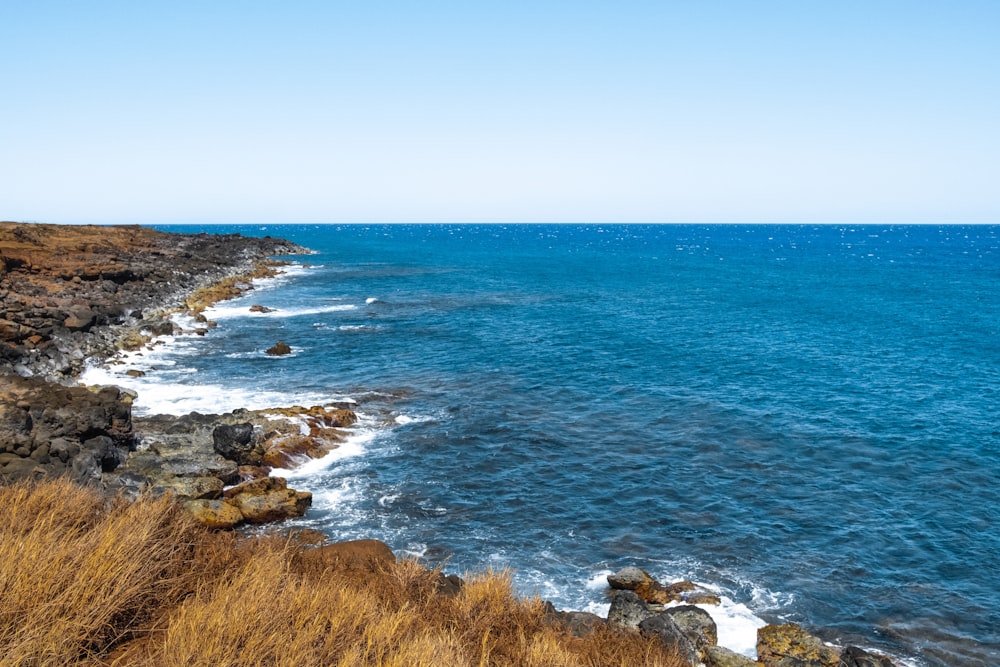 a rocky beach with a body of water in the background