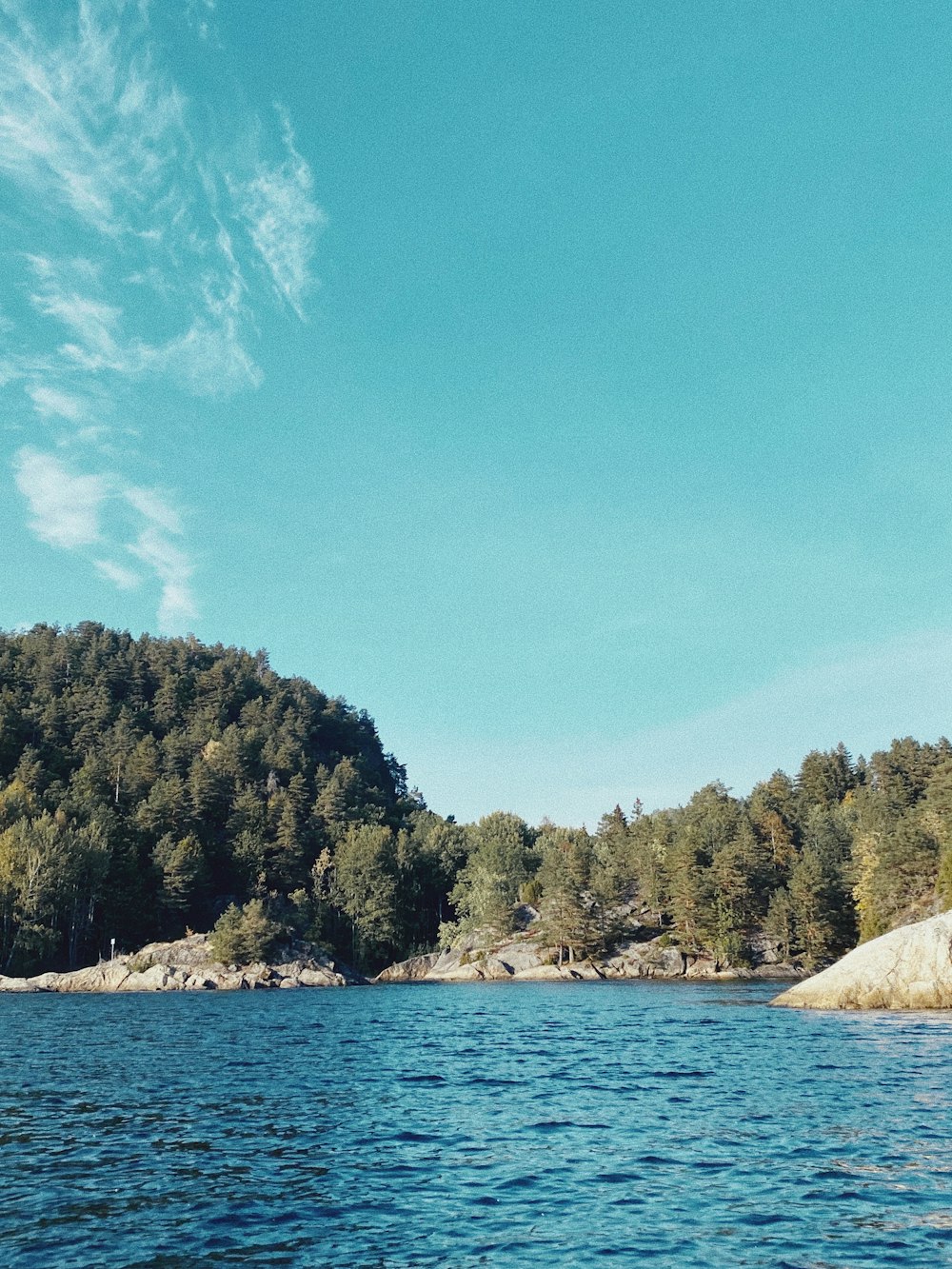 a body of water with trees and hills in the background