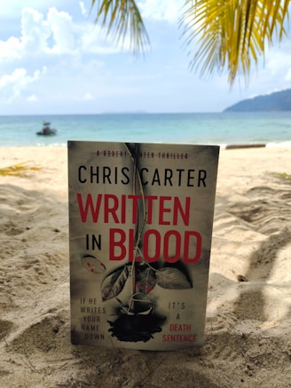 A book titled 'Written in Blood' by Chris Carter stands upright on a sandy beach. The background features the sea with gentle waves and a distant boat on the water. Overhead, palm fronds frame the scene, suggesting a tropical setting. The sky is partly cloudy.