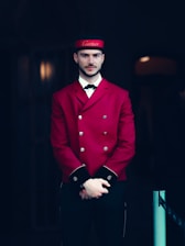 a man in a red coat