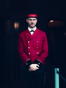a man in a red coat