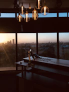 Modern office with smart lights dynamically shifting brightness.