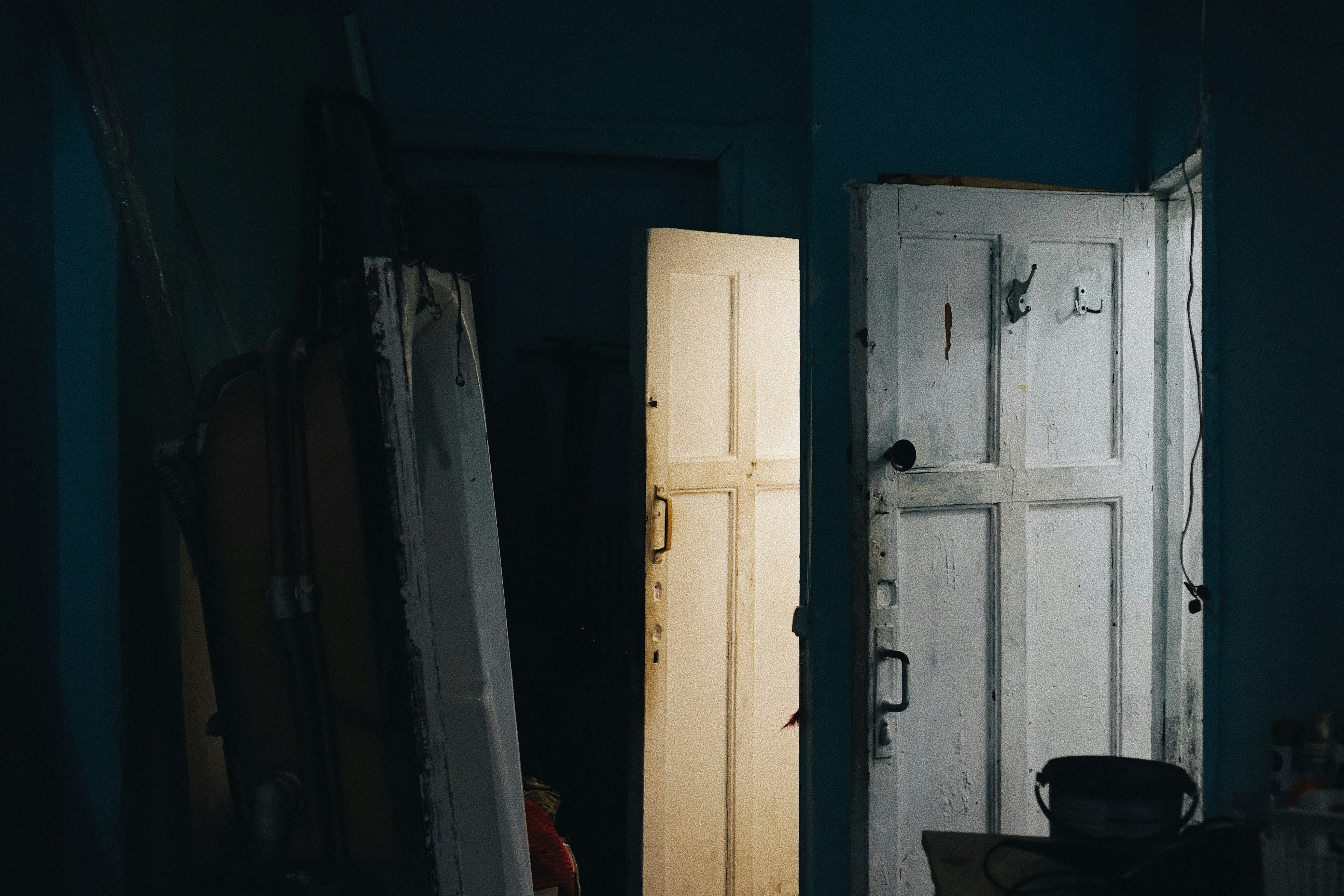 a room with white doors