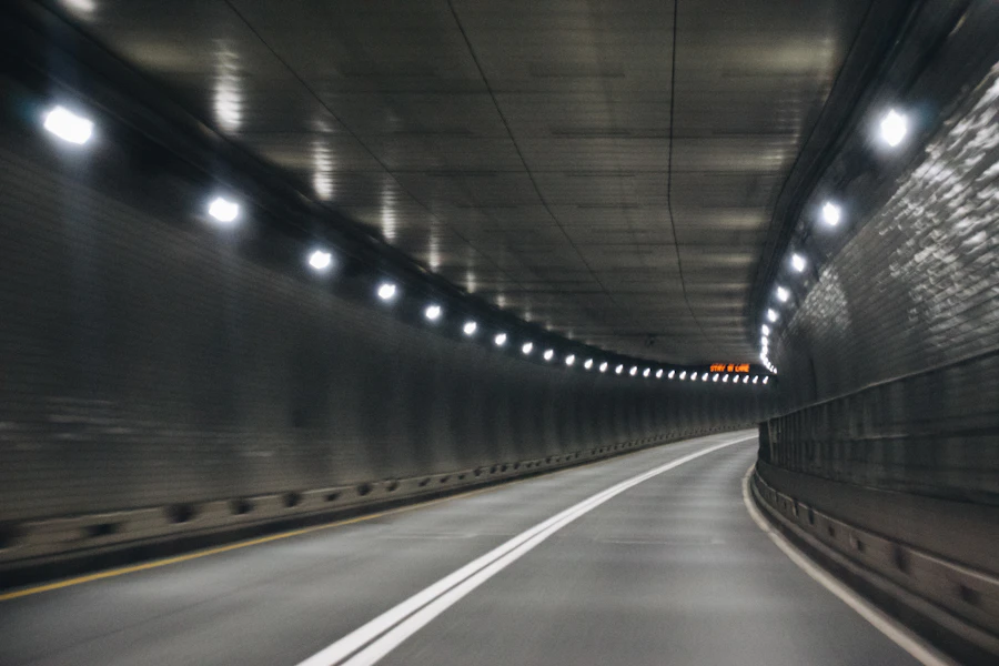Interior of an illuminated road tunnel