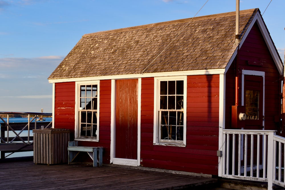 a red house with a deck