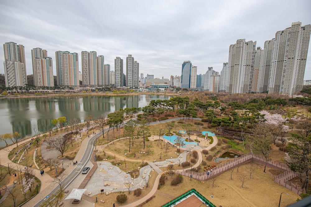 a city with a pool and a beach