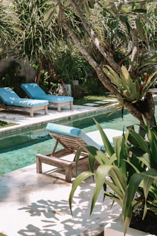 a pool with chairs and a tree