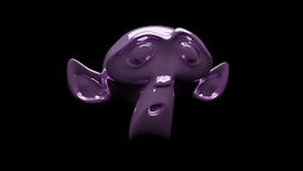 A glossy 3D model of a stylized monkey head with exaggerated features, such as large eyes and ears, rendered in a purple hue against a black background.