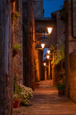 A quiet cobblestone alley lined with ivy-covered brick walls and vintage street lamps at dusk.