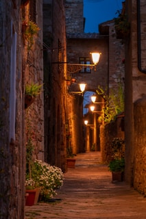 A winding cobblestone alley lined with ivy-covered walls and vintage lanterns at dusk