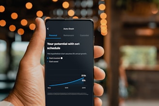 A hand is holding a smartphone displaying a financial application. The screen shows a chart with a growth prediction in percentage, and sections labeled Personal, Retirement, and Custodial. The chart predicts cash invested and saved over a period of time, with specific dollar values provided for future growth.