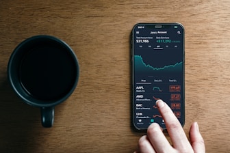 a hand holding a phone next to a cup of coffee