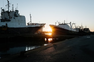 A calm harbor at sunset with ships docked, reflecting Goldenstone's steady marine management.