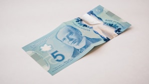 A Canadian five-dollar bill lies on a plain surface, displaying the portrait of a notable figure in shades of blue. The bill features elaborate designs, including a large numeral '5', maple leaf motifs, and transparent elements. The background is neutral, emphasizing the vibrant colors and intricate details of the currency.