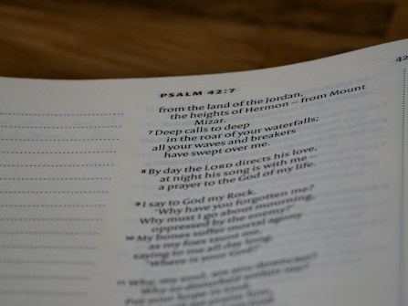 A close-up view of a page from a Bible open to Psalm 42:7. The text is focused on verses discussing spiritual themes, with some text in bold for emphasis. The page has a clean, white background with neatly printed black text.